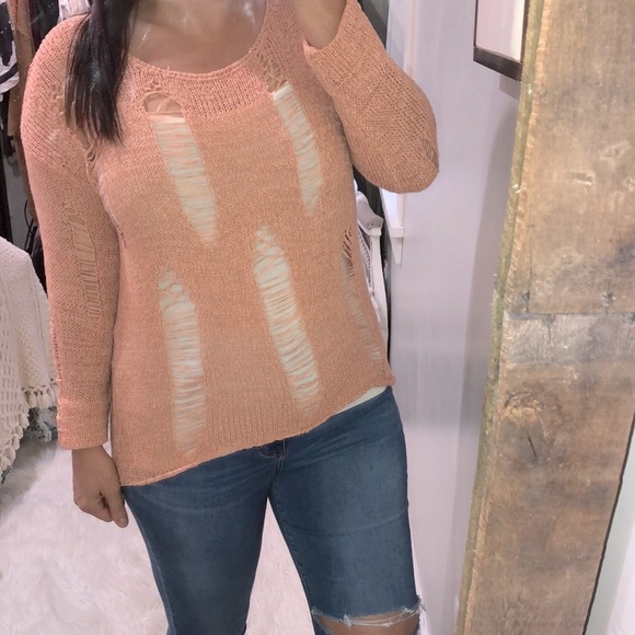 Aggie size small peach distressed knit sweater - Picture 1 of 3